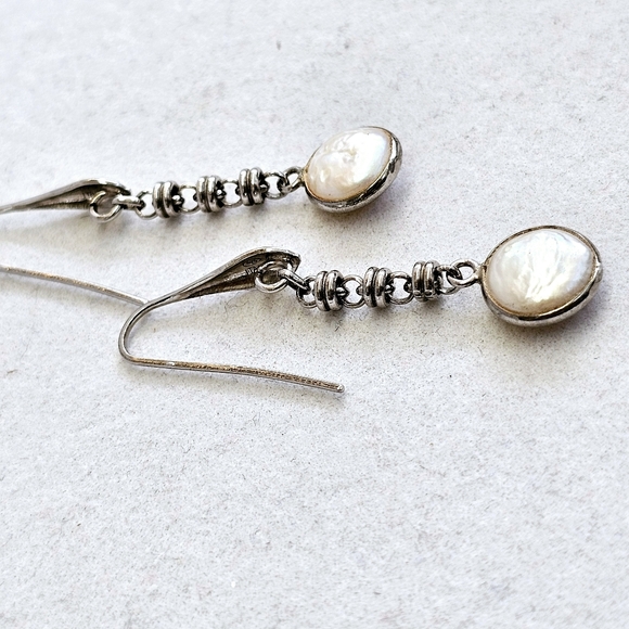 Sterling 925 ITALY Rolo Link Freshwater Pearl Drop Earrings - Picture 7 of 16